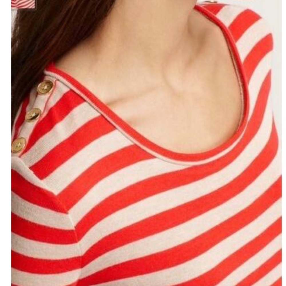 Ann Taylor Striped Scoop Neck Button Shoulder Tee